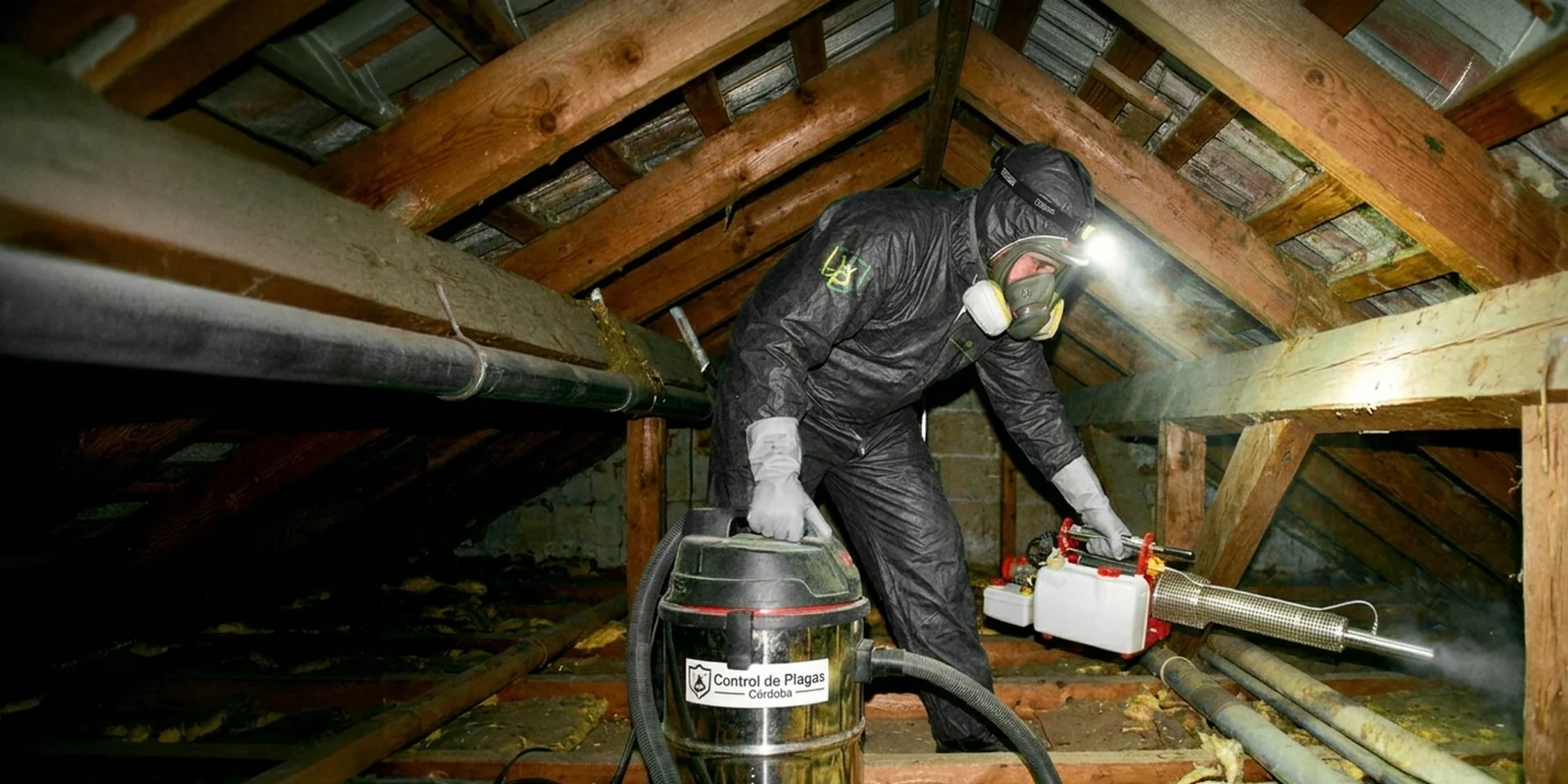 Control de plagas en Córdoba: técnico de Control de Plagas Córdoba Bioadal nebulizando el altillo de una vivienda